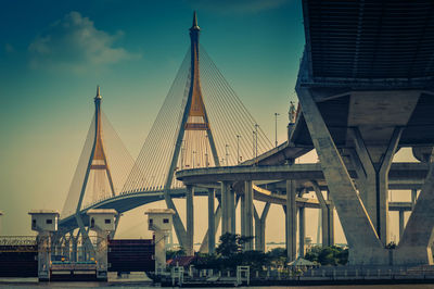 Low angle view of bridge against cloudy sky