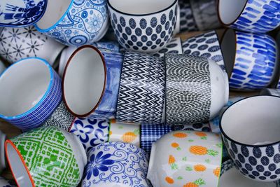 High angle view of multi colored objects on table