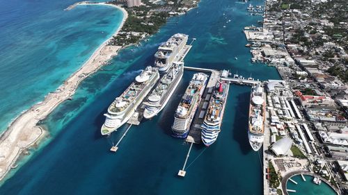 High angle view of boats in sea