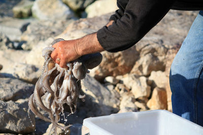 Midsection of man holding octopuses at beach