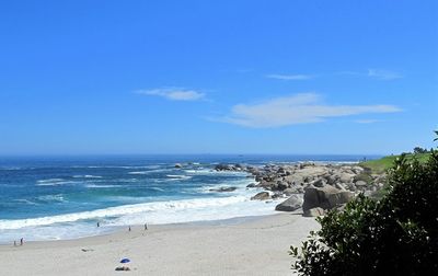 Scenic view of beach against clear blue sky