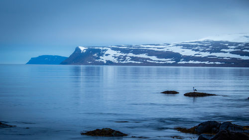 Scenic view of sea by snowcapped mountain against sky