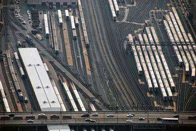 Aerial view of railroad station below bridge
