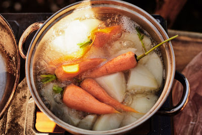 High angle view of soup in bowl