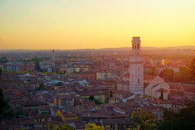 Aerial view of cityscape against clear sky during sunset