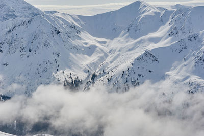 Scenic view of snow covered mountains against sky