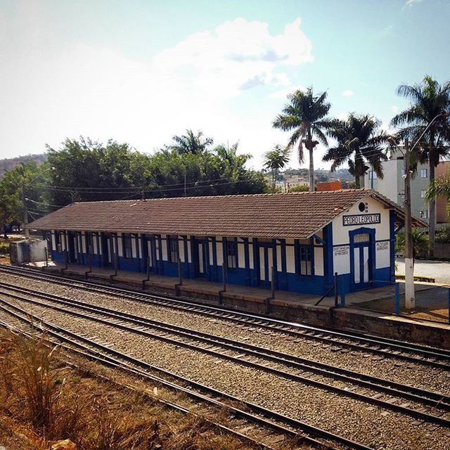 railroad track, rail transportation, tree, transportation, public transportation, railroad station, railroad station platform, sky, palm tree, built structure, architecture, building exterior, train - vehicle, day, train, travel, no people, railway track, outdoors, cloud - sky