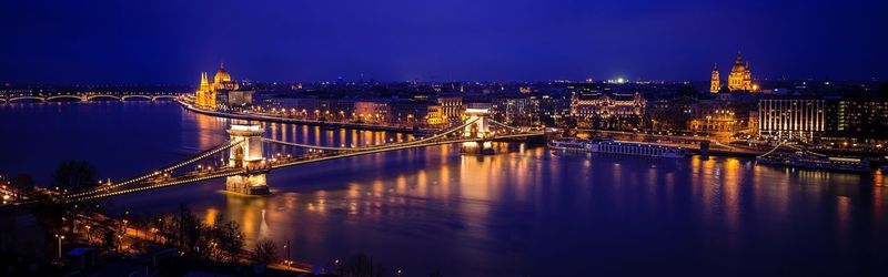 High angle view of illuminated bridge over river