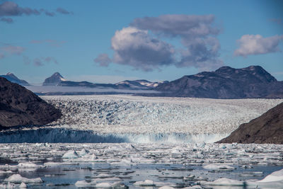 Panoramic view of sea and mountains against sky