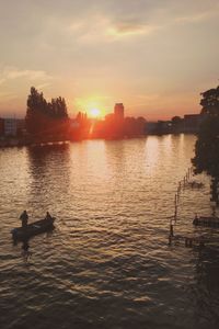 Silhouette swans on lake against sky during sunset