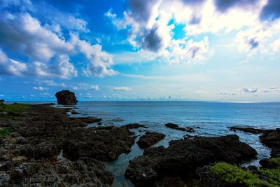 Scenic view of rocky shore and sea against sky