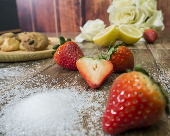 Close-up of strawberries on table