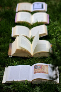 Close-up of open book on field