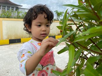 Portrait of cute girl holding plant