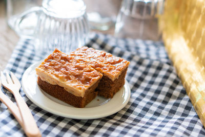 Close-up of dessert in plate on table