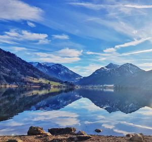 Scenic view of lake and mountains against sky