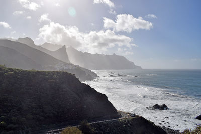 Scenic view of sea and mountains against sky