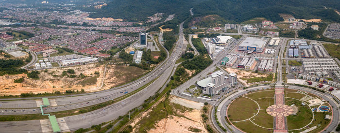 High angle view of city street and buildings