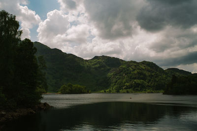 Scenic view of lake by trees against sky