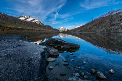 Scenic view of lake by mountain against sky