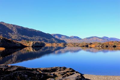 Scenic view of lake and mountains against clear blue sky