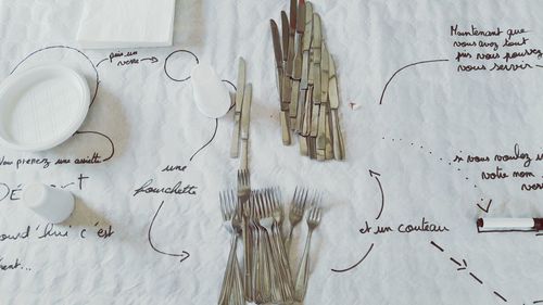 High angle view of eating utensils by plates and bowl on tablecloth with text