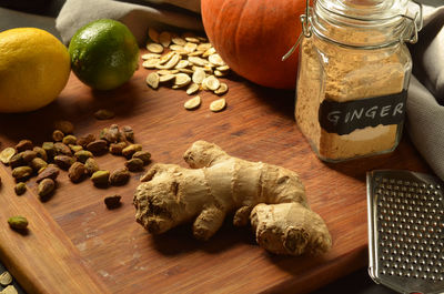 High angle view of food on cutting board