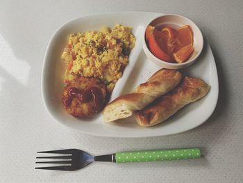 High angle view of breakfast served on table