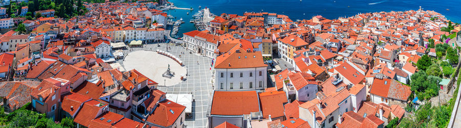 High angle view of buildings in city