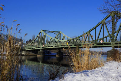 Bridge over river against clear blue sky