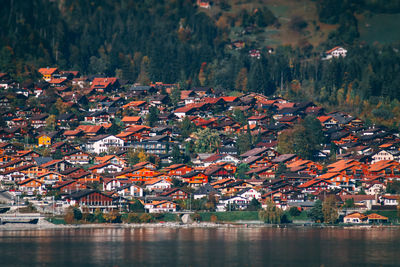 High angle view of townscape and trees in city