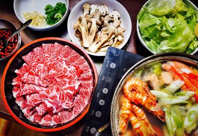 High angle view of meal served on table