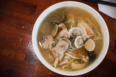 High angle view of soup in bowl on table