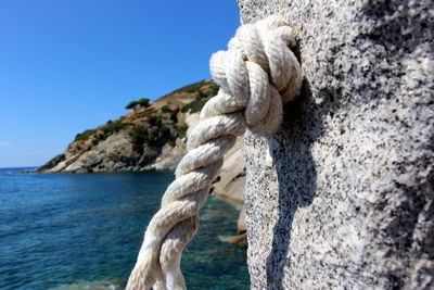 Close-up of rope tied on rock