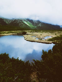 Scenic view of lake and mountains against sky