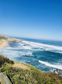 Scenic view of sea against clear blue sky