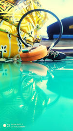 Close-up of telephone booth on table