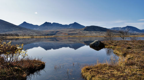 Scenic view of lake and mountains against sky