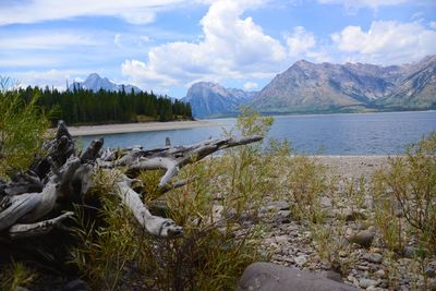 Scenic view of lake against cloudy sky