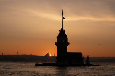 Silhouette of lighthouse by sea against sky during sunset