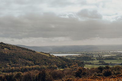 Scenic landscape view of nature reserve from mendip hills, somerset, uk, on a sunny autumn day.