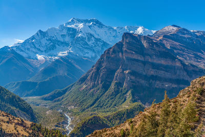 Scenic view of snowcapped mountains against blue sky