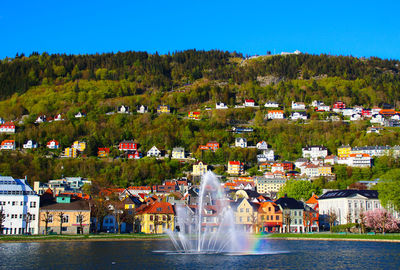 Buildings in town against clear sky