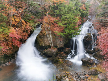 Scenic view of waterfall in forest during autumn