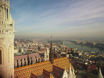 Panoramic view from above on landmarks of budapest at summer sunset, hungary