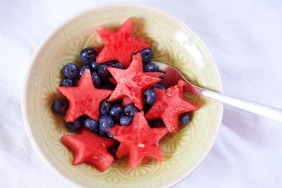 High angle view of strawberry cake in plate