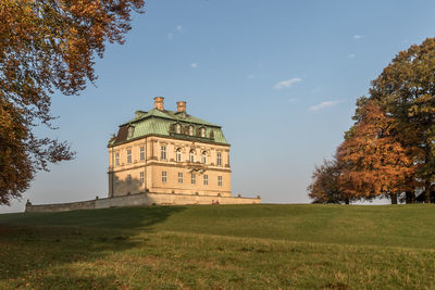 View of old building on field against sky