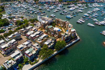 High angle view of city at waterfront