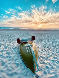 Rear view of small fishing boat in front of the sea, 