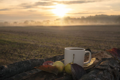 Coffee cup and fruit on field against sky during sunset